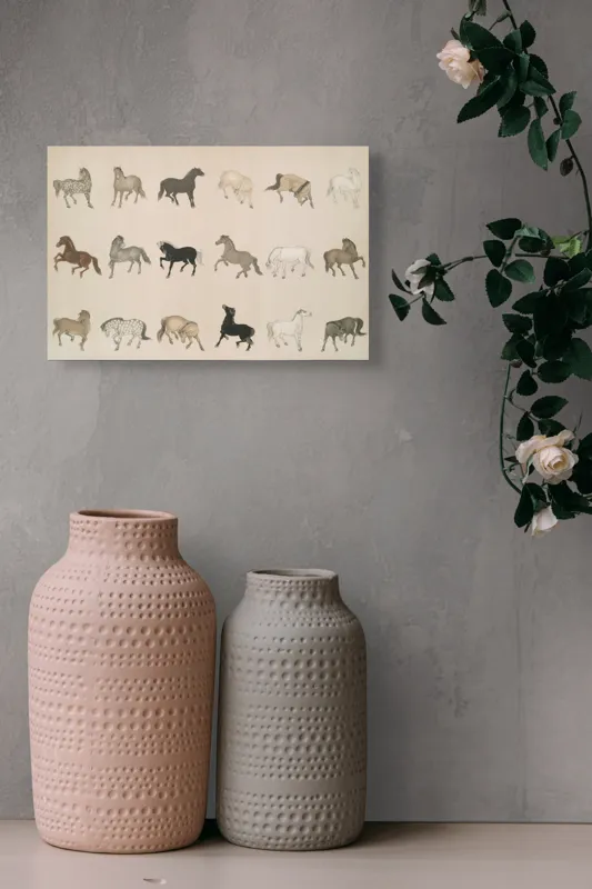 Tablou Canvas, "Cai în diferite mișcări și culori", Cal, Galop, Culoare, Contrast, Frumusețe, Eleganță, Diversitate, Mișcare, Formă, Dinamică, Grație, Artă, Compoziție, Natură, Siluetă, Postură., 39 x 26 cm – poza 4
