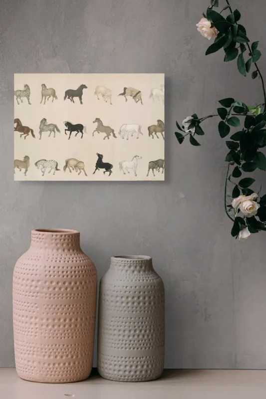 Tablou Canvas, "Cai în diferite mișcări și culori", Cal, Galop, Culoare, Contrast, Frumusețe, Eleganță, Diversitate, Mișcare, Formă, Dinamică, Grație, Artă, Compoziție, Natură, Siluetă, Postură., 54 x 39 cm – poza 8