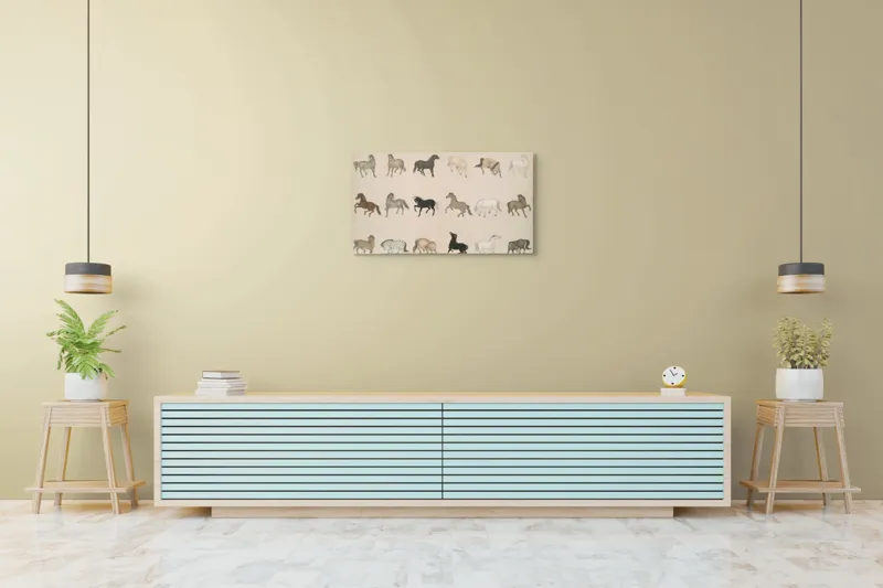 Tablou Canvas, "Cai în diferite mișcări și culori", Cal, Galop, Culoare, Contrast, Frumusețe, Eleganță, Diversitate, Mișcare, Formă, Dinamică, Grație, Artă, Compoziție, Natură, Siluetă, Postură., 90 x 50 cm – poza 5