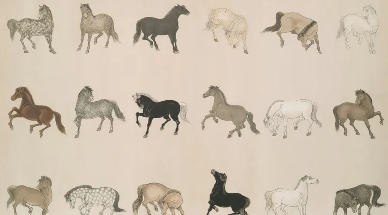 Tablou Canvas, "Cai în diferite mișcări și culori", Cal, Galop, Culoare, Contrast, Frumusețe, Eleganță, Diversitate, Mișcare, Formă, Dinamică, Grație, Artă, Compoziție, Natură, Siluetă, Postură., 90 x 50 cm – poza 2