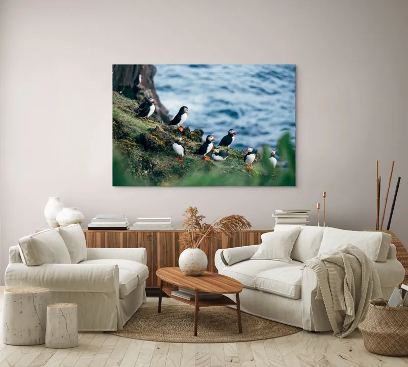 Tablou Canvas, "Papagalii de mare pe stânci verzi", Puffini, Ocean, Stâncă, Iarbă, Aripi, Plutire, Penaj, Bețe, Păsări, 150 x 100 cm – poza 3