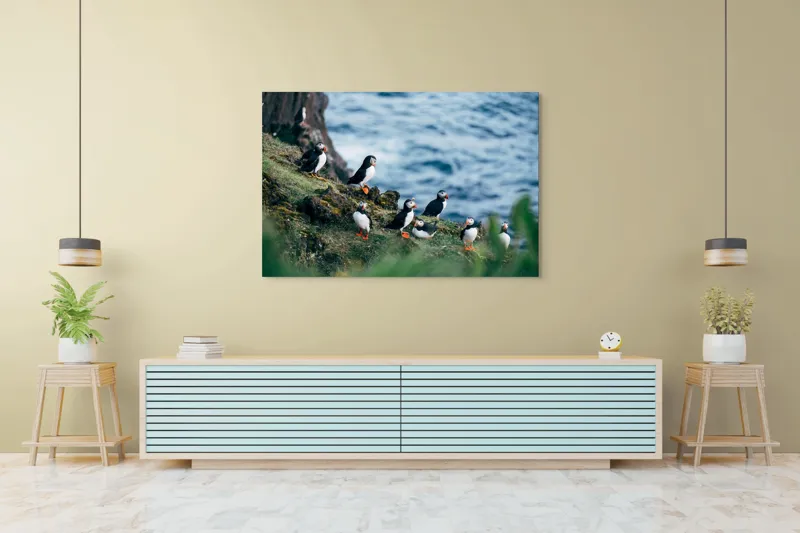 Tablou Canvas, "Papagalii de mare pe stânci verzi", Puffini, Ocean, Stâncă, Iarbă, Aripi, Plutire, Penaj, Bețe, Păsări, 150 x 100 cm – poza 6