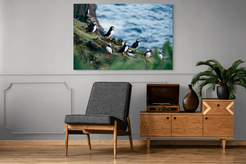 Tablou Canvas, "Papagalii de mare pe stânci verzi", Puffini, Ocean, Stâncă, Iarbă, Aripi, Plutire, Penaj, Bețe, Păsări, 150 x 100 cm – poza 8