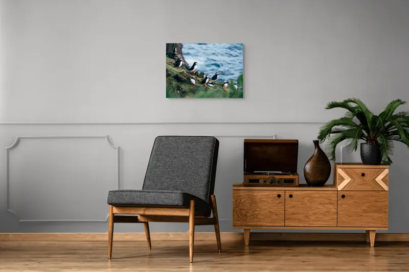 Tablou Canvas, "Papagalii de mare pe stânci verzi", Puffini, Ocean, Stâncă, Iarbă, Aripi, Plutire, Penaj, Bețe, Păsări, 70 x 50 cm – poza 4