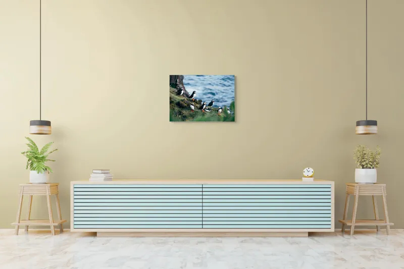 Tablou Canvas, "Papagalii de mare pe stânci verzi", Puffini, Ocean, Stâncă, Iarbă, Aripi, Plutire, Penaj, Bețe, Păsări, 70 x 50 cm – poza 7