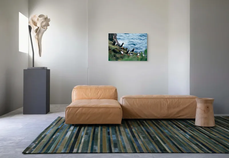 Tablou Canvas, "Papagalii de mare pe stânci verzi", Puffini, Ocean, Stâncă, Iarbă, Aripi, Plutire, Penaj, Bețe, Păsări, 70 x 50 cm – poza 8