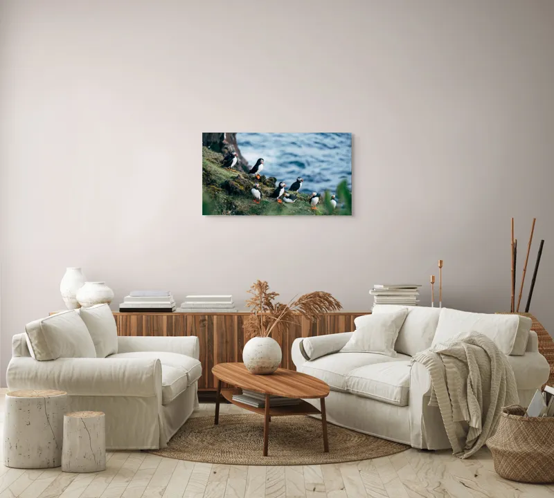 Tablou Canvas, "Papagalii de mare pe stânci verzi", Puffini, Ocean, Stâncă, Iarbă, Aripi, Plutire, Penaj, Bețe, Păsări, 90 x 50 cm – poza 4