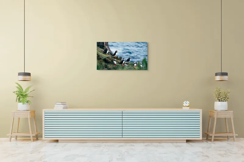 Tablou Canvas, "Papagalii de mare pe stânci verzi", Puffini, Ocean, Stâncă, Iarbă, Aripi, Plutire, Penaj, Bețe, Păsări, 90 x 50 cm – poza 5