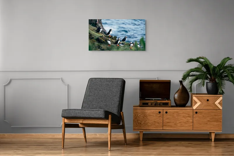 Tablou Canvas, "Papagalii de mare pe stânci verzi", Puffini, Ocean, Stâncă, Iarbă, Aripi, Plutire, Penaj, Bețe, Păsări, 90 x 50 cm – poza 6