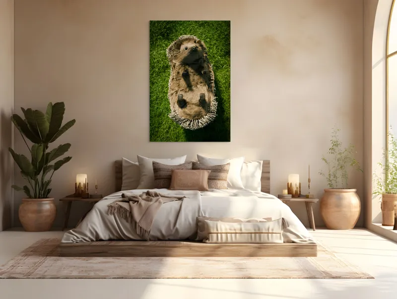 Tablou Canvas, "Ariciul somnoros pe iarba verde", Spini, Blană, Iarbă, Nas, Ochisori, Gheruțe, Voinic, Drăgălășenie, Natură, 100 x 150 cm – poza 3