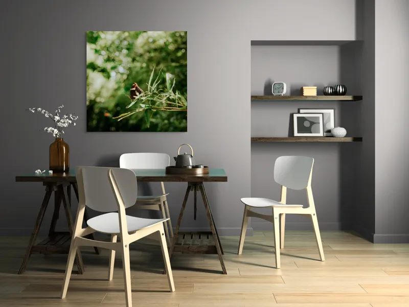 Tablou Canvas, "Fluture liniștit pe ramură verde", Fluture, Frunze, Verdeață, Natură, Bokeh, Fragilitate, Lumină, 100 x 100 cm – poza 6