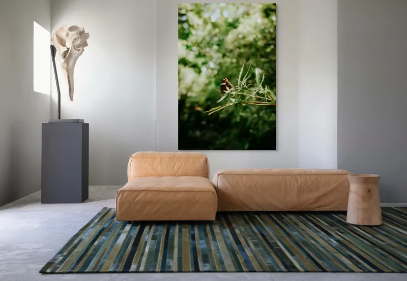 Tablou Canvas, "Fluture liniștit pe ramură verde", Fluture, Frunze, Verdeață, Natură, Bokeh, Fragilitate, Lumină, 100 x 150 cm – poza 7