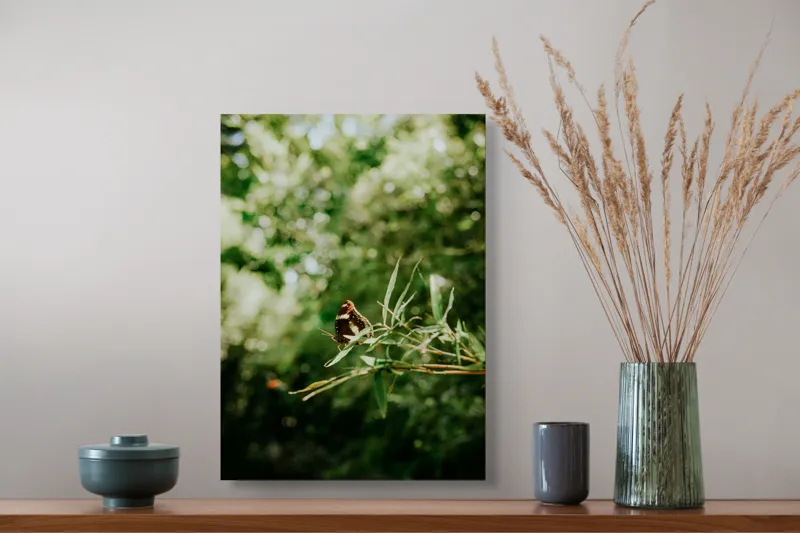 Tablou Canvas, "Fluture liniștit pe ramură verde", Fluture, Frunze, Verdeață, Natură, Bokeh, Fragilitate, Lumină, 39 x 54 cm – poza 3