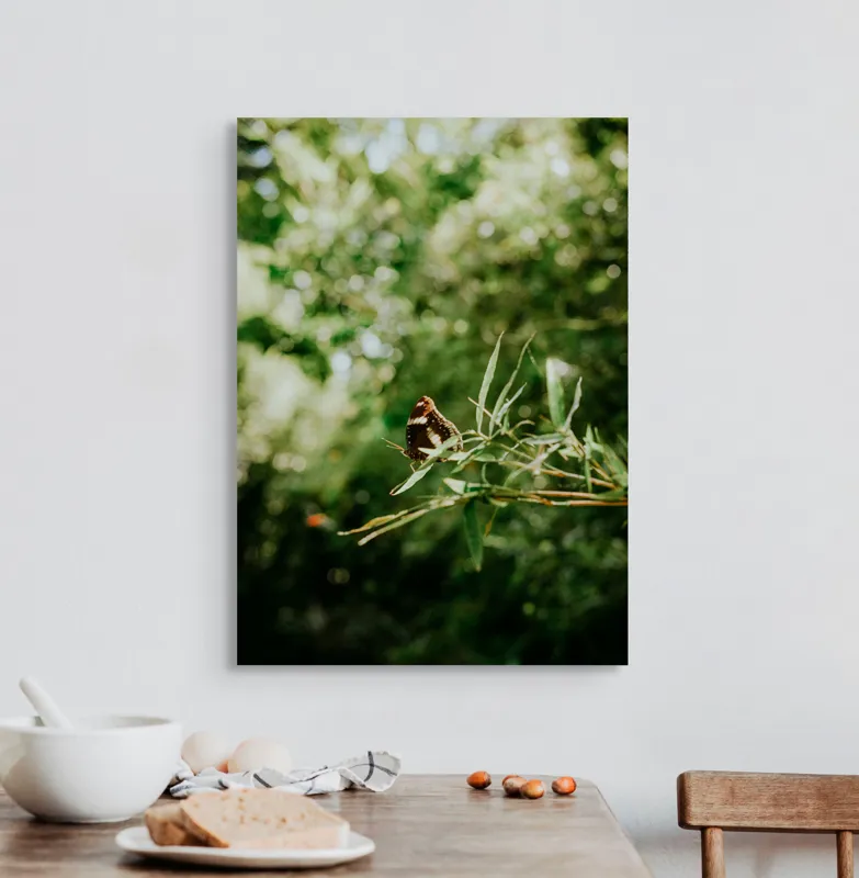 Tablou Canvas, "Fluture liniștit pe ramură verde", Fluture, Frunze, Verdeață, Natură, Bokeh, Fragilitate, Lumină, 50 x 70 cm – poza 3