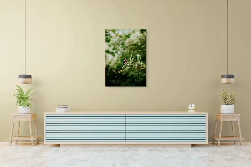 Tablou Canvas, "Fluture liniștit pe ramură verde", Fluture, Frunze, Verdeață, Natură, Bokeh, Fragilitate, Lumină, 70 x 100 cm – poza 5
