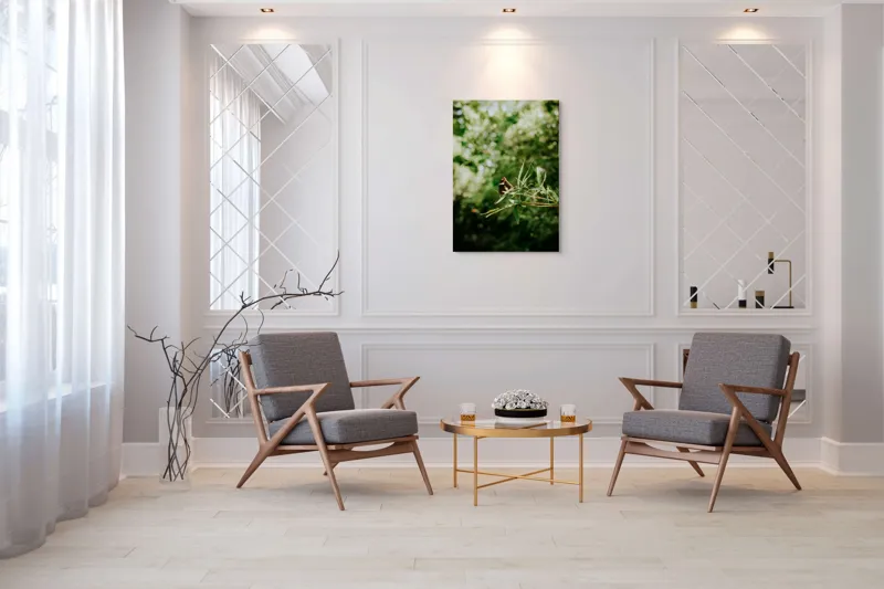 Tablou Canvas, "Fluture liniștit pe ramură verde", Fluture, Frunze, Verdeață, Natură, Bokeh, Fragilitate, Lumină, 70 x 100 cm – poza 8