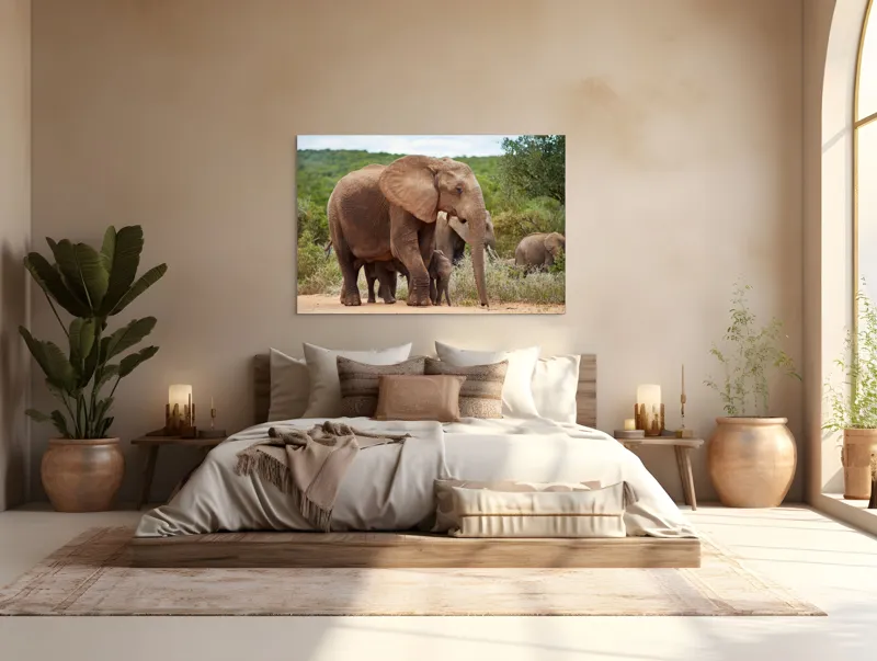 Tablou Canvas, "Familie de elefanți în savană africană", Elefanți, Savana, Verdeață, Familie, Natură, Tufișuri, Pui, Urechi Mari, Trunchiuri, Pășuni, 150 x 100 cm – poza 4