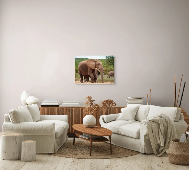 Tablou Canvas, "Familie de elefanți în savană africană", Elefanți, Savana, Verdeață, Familie, Natură, Tufișuri, Pui, Urechi Mari, Trunchiuri, Pășuni, 70 x 50 cm – poza 6