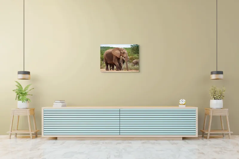 Tablou Canvas, "Familie de elefanți în savană africană", Elefanți, Savana, Verdeață, Familie, Natură, Tufișuri, Pui, Urechi Mari, Trunchiuri, Pășuni, 70 x 50 cm – poza 7