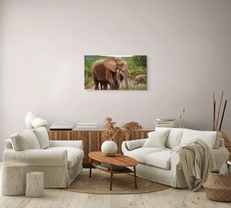 Tablou Canvas, "Familie de elefanți în savană africană", Elefanți, Savana, Verdeață, Familie, Natură, Tufișuri, Pui, Urechi Mari, Trunchiuri, Pășuni, 90 x 50 cm – poza 4