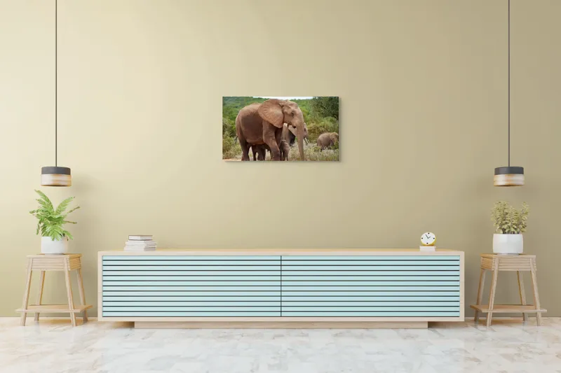 Tablou Canvas, "Familie de elefanți în savană africană", Elefanți, Savana, Verdeață, Familie, Natură, Tufișuri, Pui, Urechi Mari, Trunchiuri, Pășuni, 90 x 50 cm – poza 5