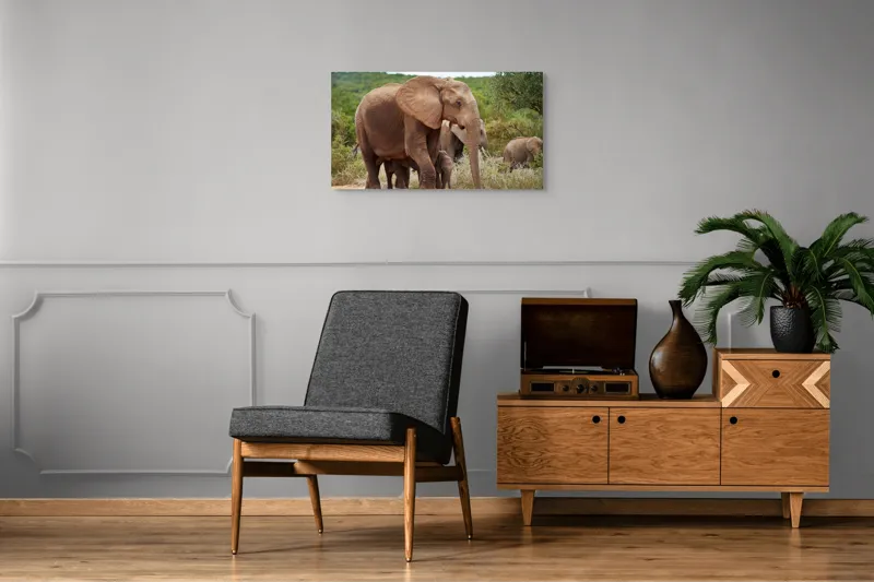 Tablou Canvas, "Familie de elefanți în savană africană", Elefanți, Savana, Verdeață, Familie, Natură, Tufișuri, Pui, Urechi Mari, Trunchiuri, Pășuni, 90 x 50 cm – poza 6