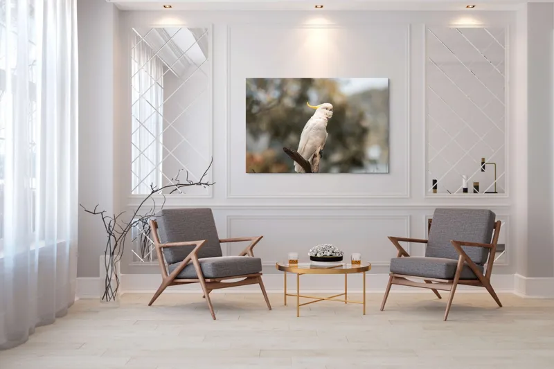 Tablou Canvas, "Cacadu regal pe ramură luminoasă", Cocor, Creastă, Alb, Ramură, Pene, Natură, Blândețe, 150 x 100 cm – poza 7