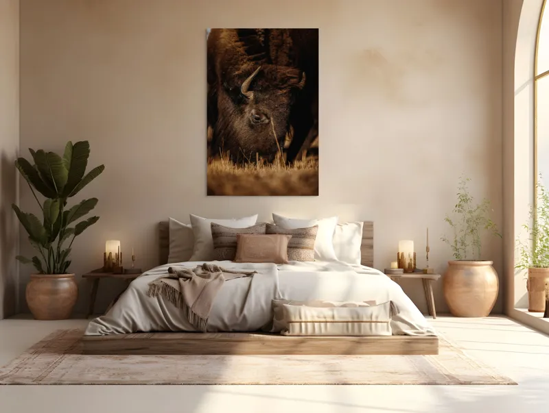 Tablou Canvas, "Bizonul pășcă liniștit în amurg", Bizon, Blană, Iarbă, Pământie, Natură, Corn, Privire, Animal, Sălbatic, 100 x 150 cm – poza 3