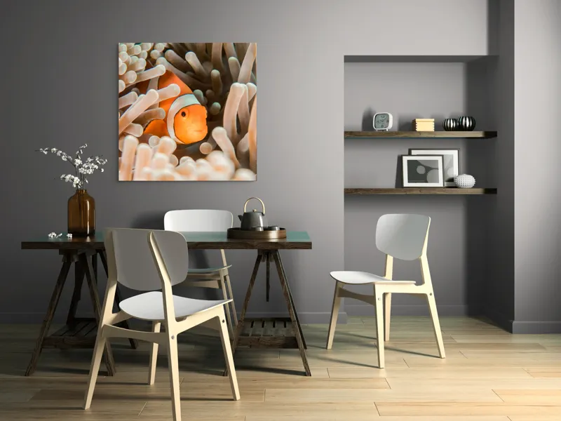 Tablou Canvas, "Peștele clown ascuns în anemonele marine", Clovn, Portocaliu, Anemone, Ocean, Ascunzătoare, Dungi, Apa, Lumină, Viață, Marină, 100 x 100 cm – poza 6