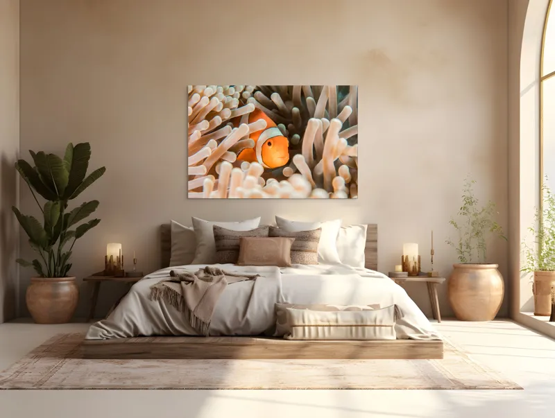 Tablou Canvas, "Peștele clown ascuns în anemonele marine", Clovn, Portocaliu, Anemone, Ocean, Ascunzătoare, Dungi, Apa, Lumină, Viață, Marină, 150 x 100 cm – poza 4