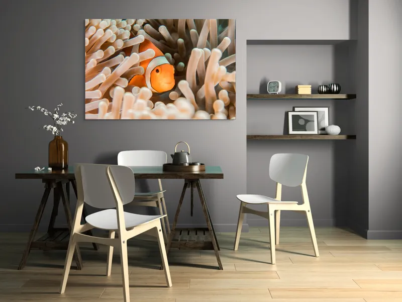 Tablou Canvas, "Peștele clown ascuns în anemonele marine", Clovn, Portocaliu, Anemone, Ocean, Ascunzătoare, Dungi, Apa, Lumină, Viață, Marină, 150 x 100 cm – poza 5