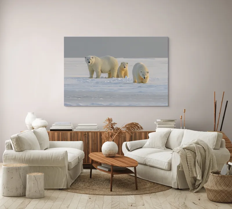 Tablou Canvas, "Familie de urși polari în zăpadă", Urs, Zăpadă, Familial, Frig, Grijă, Explorare, Peisaj, Polar, 150 x 100 cm – poza 3