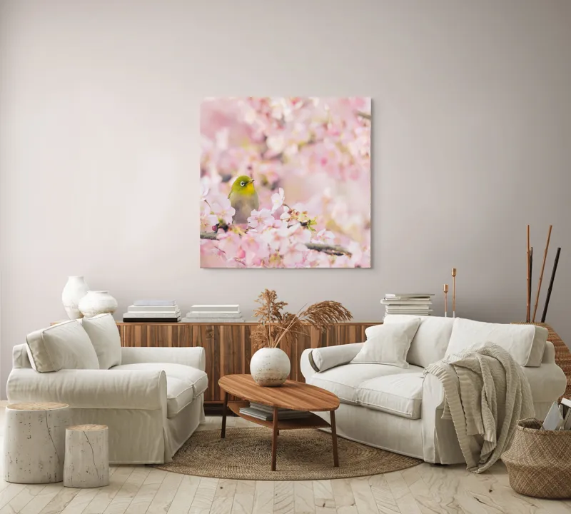 Tablou Canvas, "Pasărea printre flori de cireș", Blând, Primăvară, Delicatețe, Serenitate, Natură, Frumusețe, Puritate, 100 x 100 cm – poza 3