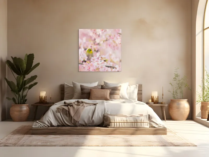Tablou Canvas, "Pasărea printre flori de cireș", Blând, Primăvară, Delicatețe, Serenitate, Natură, Frumusețe, Puritate, 100 x 100 cm – poza 4