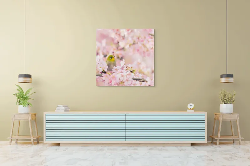Tablou Canvas, "Pasărea printre flori de cireș", Blând, Primăvară, Delicatețe, Serenitate, Natură, Frumusețe, Puritate, 100 x 100 cm – poza 5