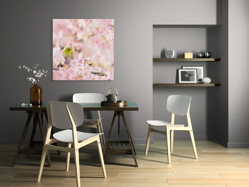 Tablou Canvas, "Pasărea printre flori de cireș", Blând, Primăvară, Delicatețe, Serenitate, Natură, Frumusețe, Puritate, 100 x 100 cm – poza 6