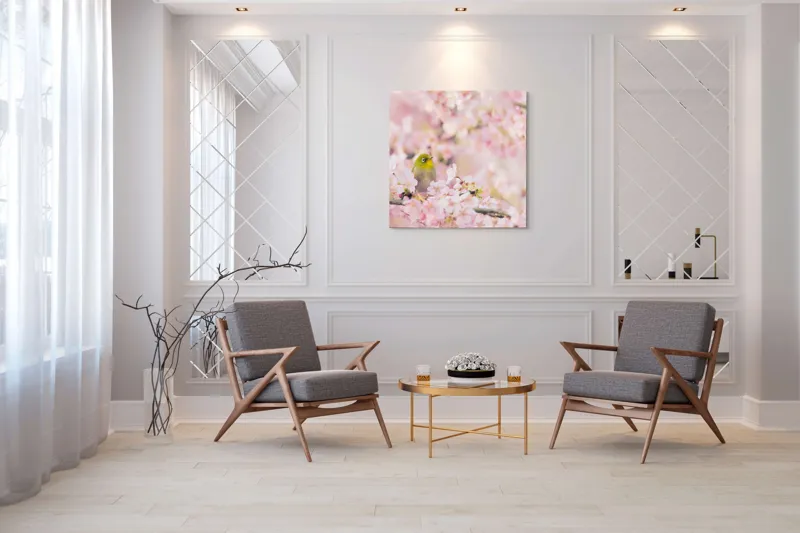 Tablou Canvas, "Pasărea printre flori de cireș", Blând, Primăvară, Delicatețe, Serenitate, Natură, Frumusețe, Puritate, 100 x 100 cm – poza 7