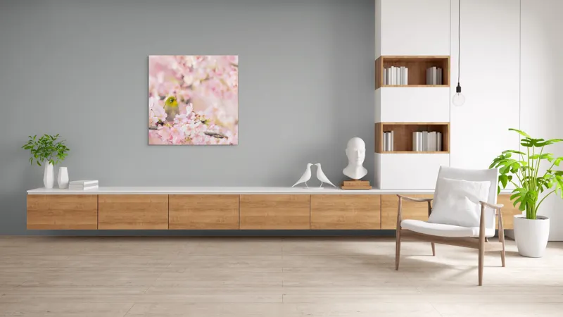 Tablou Canvas, "Pasărea printre flori de cireș", Blând, Primăvară, Delicatețe, Serenitate, Natură, Frumusețe, Puritate, 100 x 100 cm – poza 8