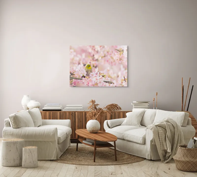 Tablou Canvas, "Pasărea printre flori de cireș", Blând, Primăvară, Delicatețe, Serenitate, Natură, Frumusețe, Puritate, 100 x 70 cm – poza 3