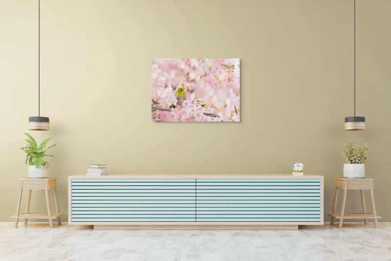 Tablou Canvas, "Pasărea printre flori de cireș", Blând, Primăvară, Delicatețe, Serenitate, Natură, Frumusețe, Puritate, 100 x 70 cm – poza 4