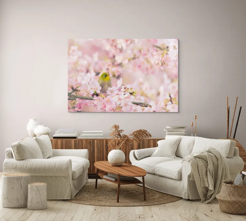 Tablou Canvas, "Pasărea printre flori de cireș", Blând, Primăvară, Delicatețe, Serenitate, Natură, Frumusețe, Puritate, 150 x 100 cm – poza 3