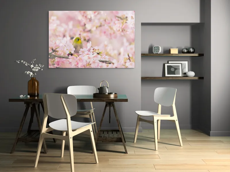 Tablou Canvas, "Pasărea printre flori de cireș", Blând, Primăvară, Delicatețe, Serenitate, Natură, Frumusețe, Puritate, 150 x 100 cm – poza 5