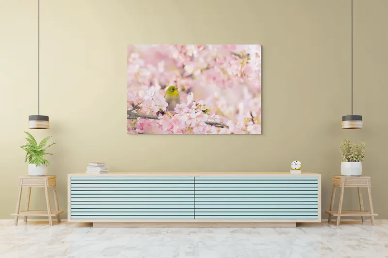Tablou Canvas, "Pasărea printre flori de cireș", Blând, Primăvară, Delicatețe, Serenitate, Natură, Frumusețe, Puritate, 150 x 100 cm – poza 6