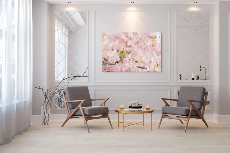 Tablou Canvas, "Pasărea printre flori de cireș", Blând, Primăvară, Delicatețe, Serenitate, Natură, Frumusețe, Puritate, 150 x 100 cm – poza 7