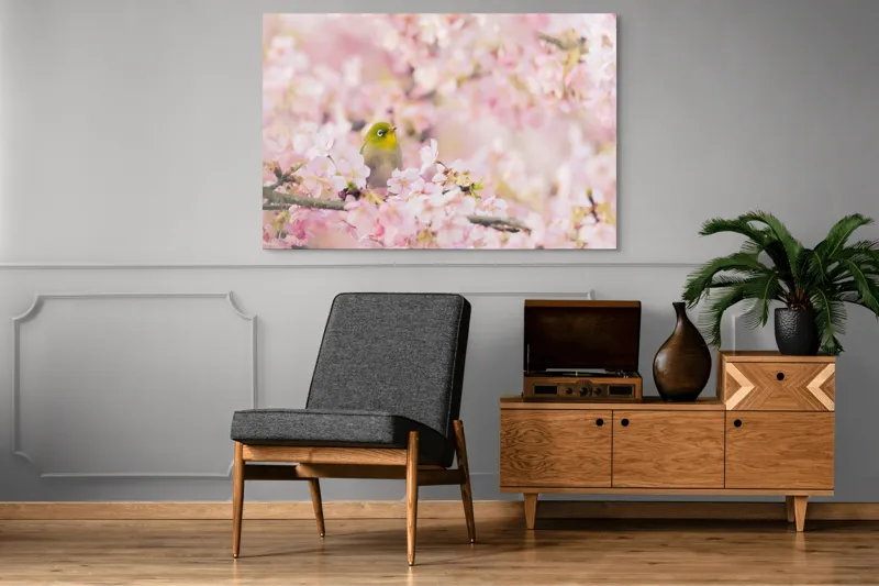 Tablou Canvas, "Pasărea printre flori de cireș", Blând, Primăvară, Delicatețe, Serenitate, Natură, Frumusețe, Puritate, 150 x 100 cm – poza 8