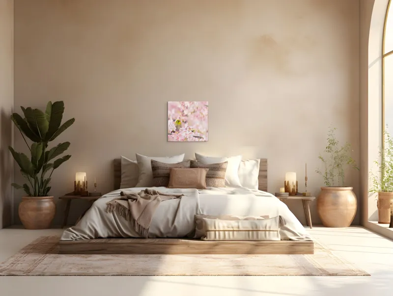Tablou Canvas, "Pasărea printre flori de cireș", Blând, Primăvară, Delicatețe, Serenitate, Natură, Frumusețe, Puritate, 50 x 50 cm – poza 5