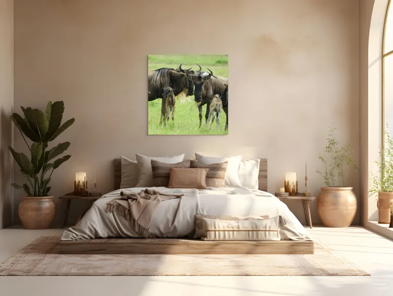 Tablou Canvas, "Gnu în habitatul natural africanului.", Nu pot identifica animalele individuale, dar imaginea arată mai mulți gnu sau antilope în habitatul lor natural, un cadru tipic pentru safari., 100 x 100 cm – poza 4