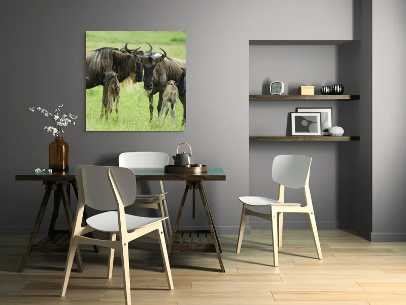 Tablou Canvas, "Gnu în habitatul natural africanului.", Nu pot identifica animalele individuale, dar imaginea arată mai mulți gnu sau antilope în habitatul lor natural, un cadru tipic pentru safari., 100 x 100 cm – poza 6