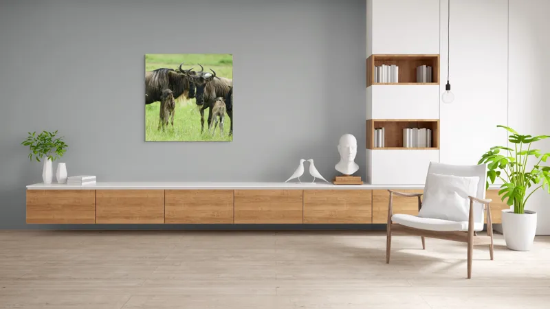 Tablou Canvas, "Gnu în habitatul natural africanului.", Nu pot identifica animalele individuale, dar imaginea arată mai mulți gnu sau antilope în habitatul lor natural, un cadru tipic pentru safari., 100 x 100 cm – poza 8