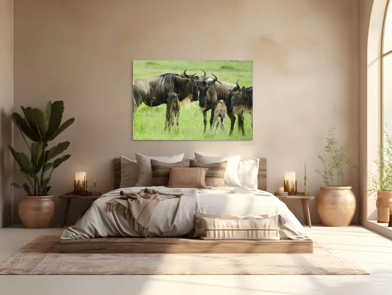 Tablou Canvas, "Gnu în habitatul natural africanului.", Nu pot identifica animalele individuale, dar imaginea arată mai mulți gnu sau antilope în habitatul lor natural, un cadru tipic pentru safari., 150 x 100 cm – poza 4